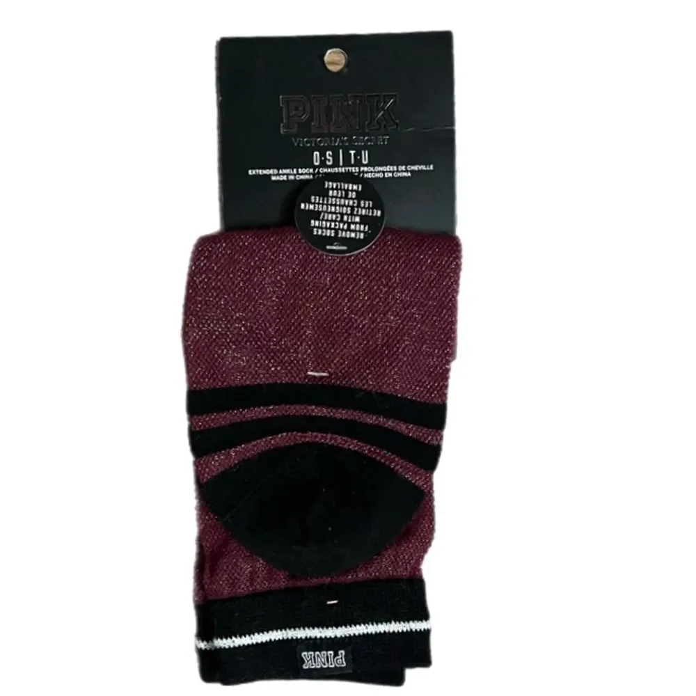 Victorias Secret PINK Extended Ankle Sock One Size Metallic burgundy black
